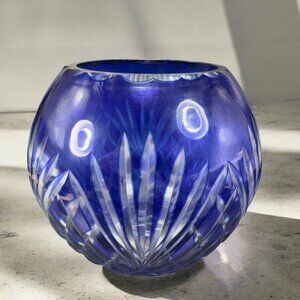 Vintage Czech Bohemian Cobalt Blue Cut To Clear Large Rose Bowl Vase Glass Dish